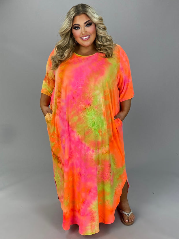 LD-V {Worth The Effort}  Orange/Lime Tie Dye Maxi Dress  PLUS SIZE XL 2X
