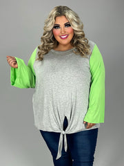 27 CP-Y {Things I Love} H. Grey/Lime Green Front Tie Top PLUS SIZE 1X 2X 3X  (May Size Down 1 Size)