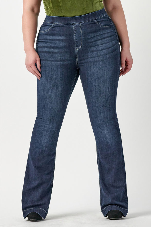 LEG-58 {Ms. Cello} Dark Denim High Rise Pull On Flare Jeggings PLUS SIZE 1X 2X 3X