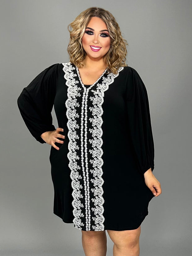 59 SD  {Showstopper} Black V-Neck Dress w/Lace Contrast PLUS SIZE 1X 2X 3X