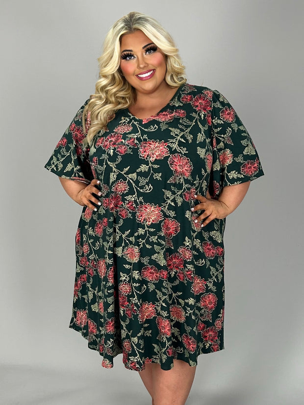 71 PSS-Z {Tasteful Touch} Dk. Olive Floral V-Neck Dress EXTENDED PLUS SIZE 3X 4X 5X
