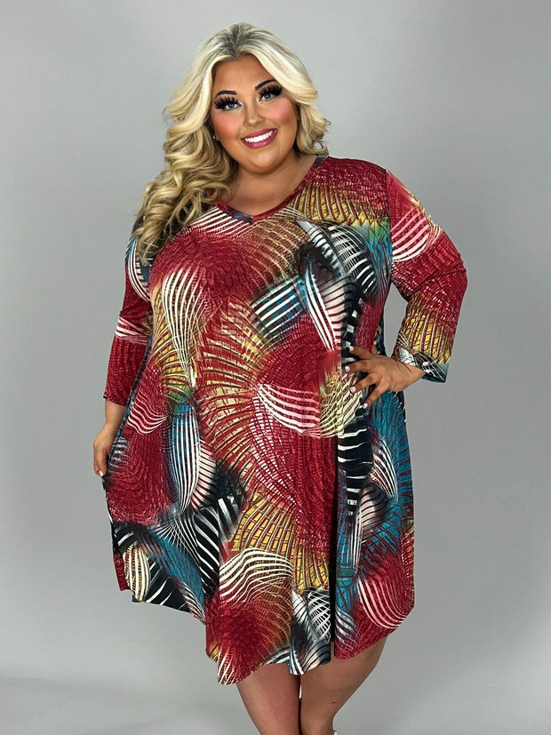 61 PQ-B {Fine By Me} Red Print V-Neck Dress EXTENDED PLUS SIZE 3X 4X 5X