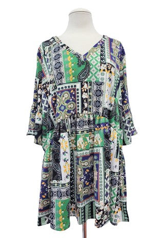 70 PSS {Unique Perspective} Green Patchwork Babydoll V-Neck Top  EXTENDED PLUS 3X 4X 5X