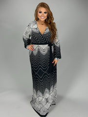 LD-N  {Highlight The Good} Black/White Print V-Neck Maxi Dress PLUS SIZE 1X 2X 3X