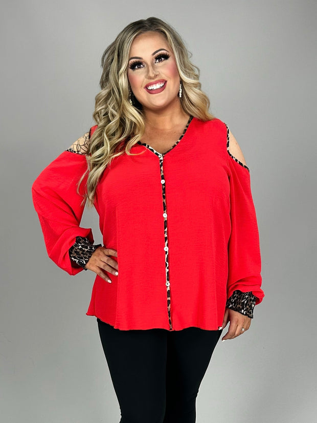 SALE!!  46 OS {Leopard Defined} Red Cold Shoulder Top PLUS SIZE XL 2X 3X
