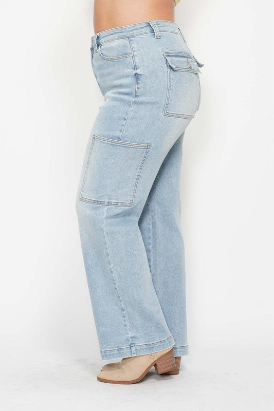 LEG-98 {Judy Blue} Light Blue Acid Washed High Waisted Denim Cargo Jeans