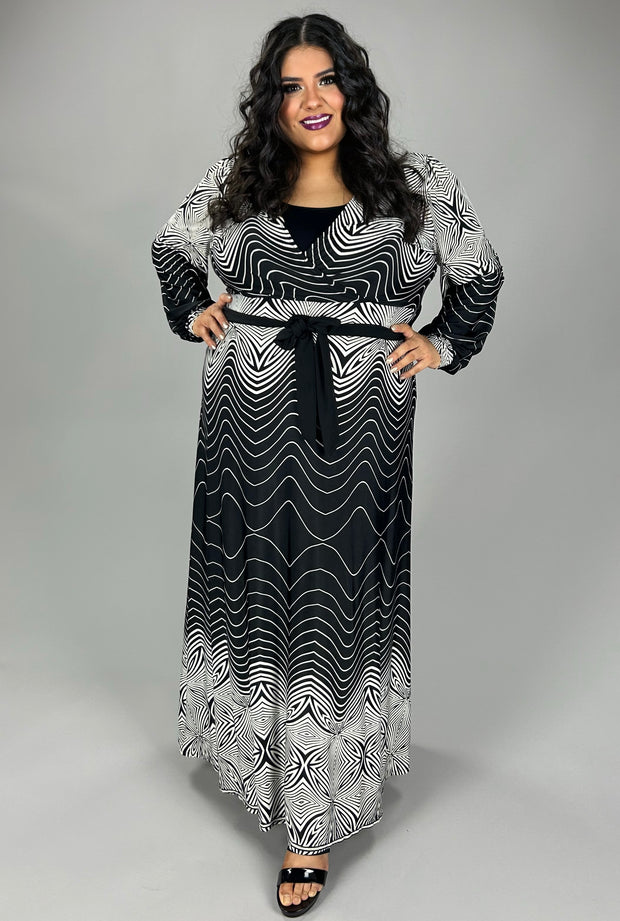 LD-N  {Highlight The Good} Black/White Print V-Neck Maxi Dress PLUS SIZE 1X 2X 3X