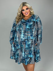 35 PLS {Always On The Go} Blue Mixed Print V-Neck Dress EXTENDED PLUS SIZE 4X 5X 6X