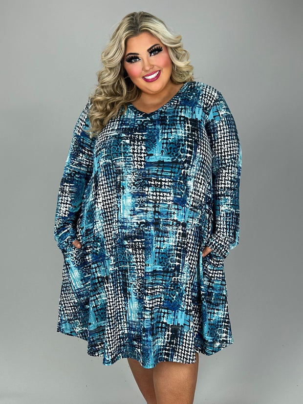 35 PLS {Always On The Go} Blue Mixed Print V-Neck Dress EXTENDED PLUS SIZE 4X 5X 6X