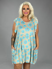 52 PSS-A {Daisy Blue} Grey/Blue Print Tiered  Dress  PLUS SIZE 1X 2X 3X