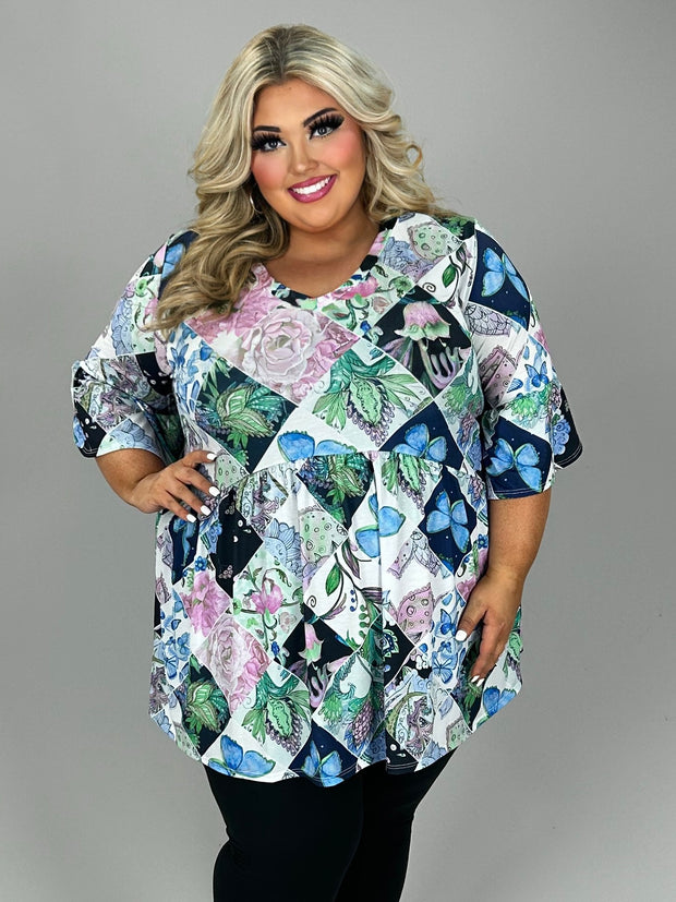 100 PSS {Butterfly Flight} Blue Butterfly Print Babydoll Top EXTENDED PLUS SIZE 2X 3X 4X  TRUE TO SIZE!!