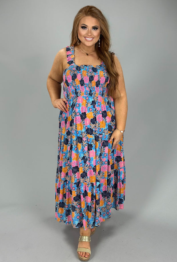LD-P {Style That Fits You} Blue Floral Smocked Midi Dress PLUS SIZE XL 1X 2X