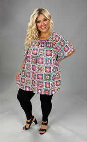 100 PSS {Cue The Charm} Pink Multi Crochet Print Top EXTENDED PLUS SIZE 2X 3X 4X  TRUE TO SIZE!!