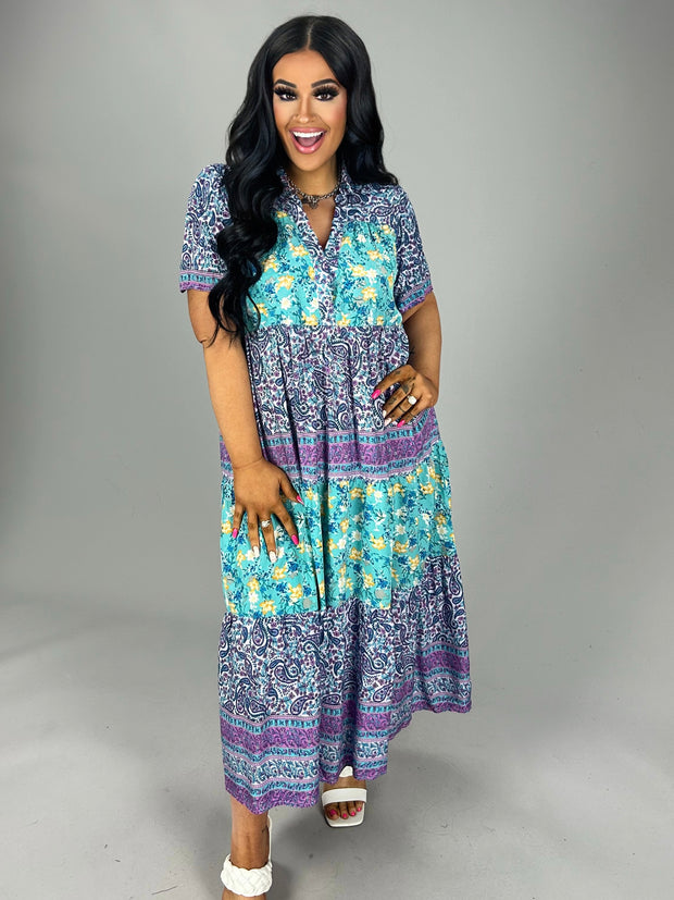 LD-Y {Thrill Of It All} Umgee Mint Blue Floral  Tiered Dress PLUS SIZE XL 1X 2X