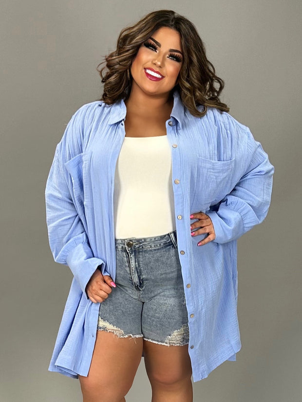 11 SLS {Total Harmony} Sky Blue Button Up  Long Top PLUS SIZE 1X 2X 3X