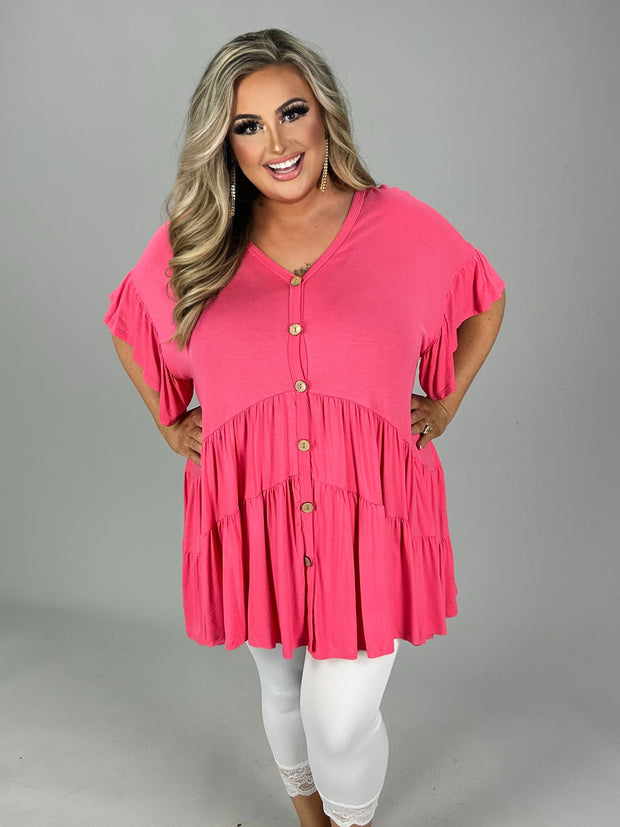 58 SSS-A {Take Me To Town} Coral Button Up Tiered Tunic PLUS SIZE 1X 2X 3X