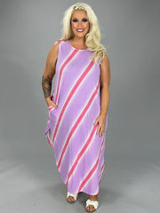 LD-O [Big Adventure} Lavender Stripe Print Maxi Dress PLUS SIZE 1X 2X 3X