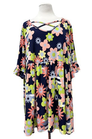 100 PSS {Groovy Vibe} Navy Big Flower Cross Neck Top EXTENDED PLUS SIZE 1X 2X 3X 4X 5X