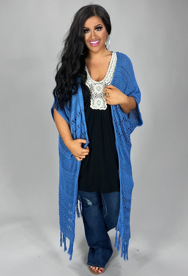 OT-B {Carolina Blue} Cardigan With Fringe Detail & Back Lace Insert PLUS SIZE 1X 2X 3X