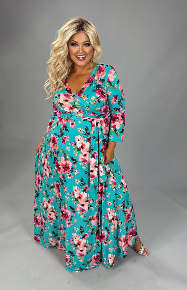 LD {A Great Start} Turquoise Faux Wrap Maxi Dress PLUS SIZE XL 2X 3X