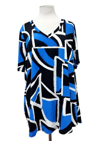 100 PSS {Love To Spare} Black Blue Abstract V-Neck Top EXTENDED PLUS SIZE 3X 4X 5X