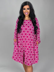 97 PQ-B {Sunday Best} Hot Pink Diamond Damask Print Dress PLUS SIZE 1X 2X 3X