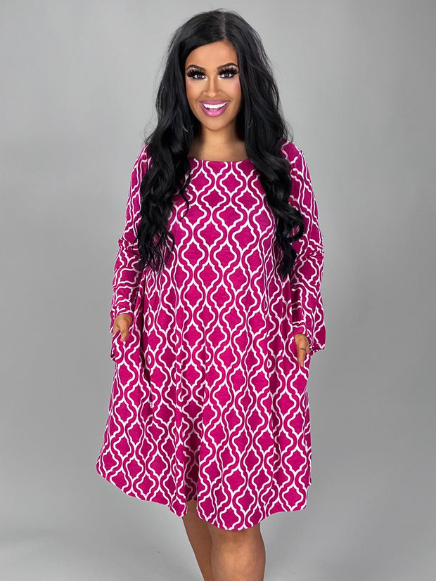 97 PQ-B {Sunday Best} Hot Pink Diamond Damask Print Dress PLUS SIZE 1X 2X 3X