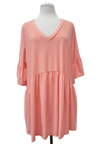 100 SQ {Feeling Peachy} Coral Baby Doll V Neck Tunic Tulip Sleeve  EXTENDED PLUS SIZE 3X 4X 5X