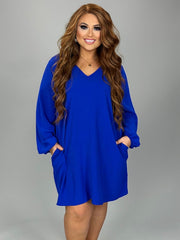 47 SQ {Taking Charge} Royal Blue V-Neck  Bubble Sleeve Dress PLUS SIZE XL 1X 2X
