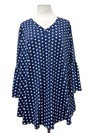 100 PQ {Oh My Stars} Navy White Star Print Flounce Sleeve Top EXTENDED PLUS SIZE 3X 4X 5X