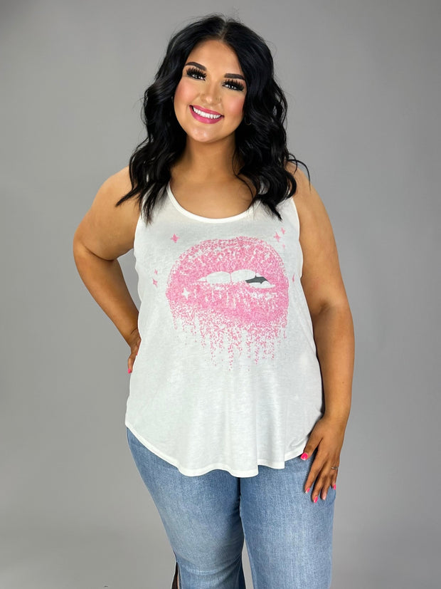 SALE!! 96 SV-E {Pink Lips} Ivory Graphic Racerback Tank PLUS SIZE XL 2X 3X