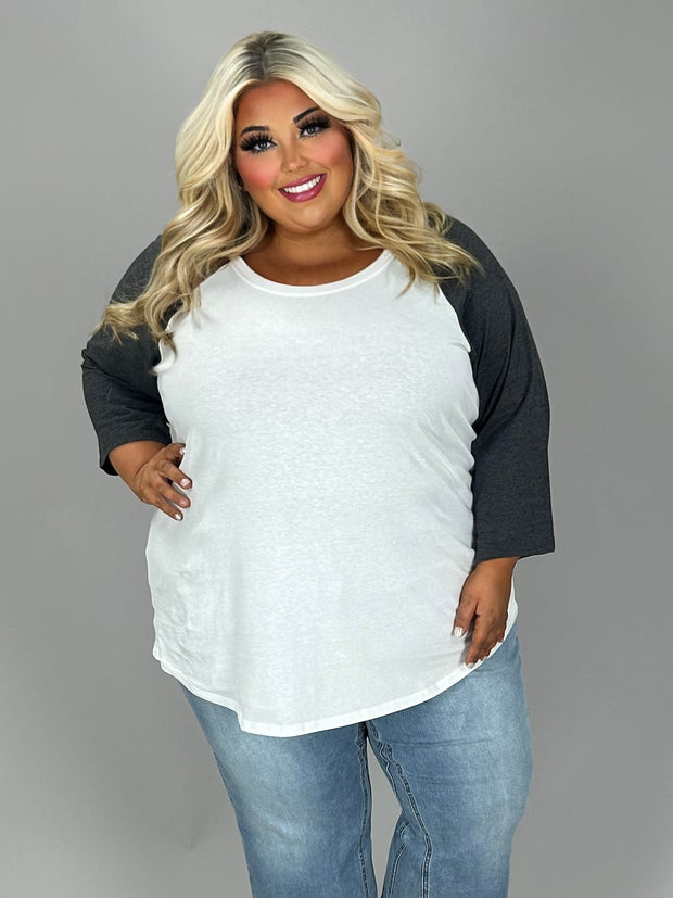 68 CP {Time To Play} White/Med Heather Grey Raglan Tee Plus Size 00 0 1X 2X