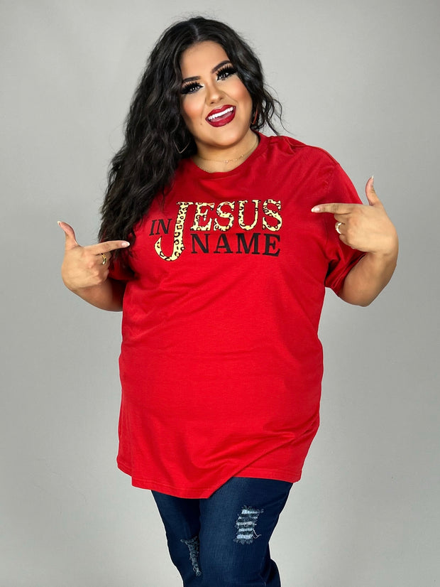 49 GT {In Jesus Name} Red/Leopard Script Graphic Tee  PLUS SIZE 1X 2X 3X