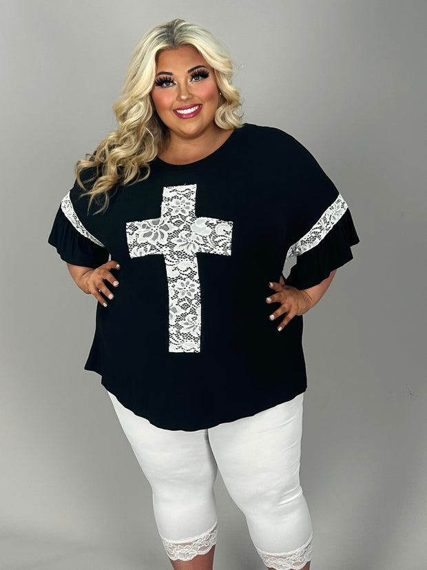 42 SD-Q {Mighty Cross} Black/Ivory Lace Cross & Sleeve Detail Top PLUS SIZE XL 2X 3X (May Size Down 1 Size)