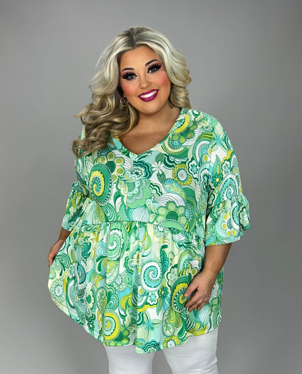 38 PSS {In The Daylight} Green Paisley V-Neck Babydoll Top EXTENDED PLUS SIZE 3X 4X 5X