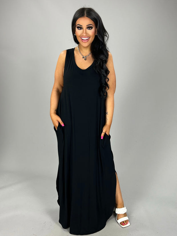 LD -A {In Your Dreams} Black Sleeveless Long Dress W/Pockets PLUS SIZE 1X 2X 3X