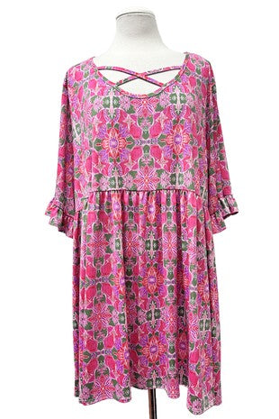 100 PSS {A True Beauty} Fuchsia Green Print Cross Neck Top EXTENDED PLUS SIZE 3X 4X 5X