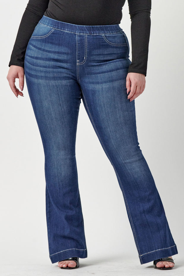 LEG-57 {Ms. Cello} Dark  Denim Mid Rise Pull On Flare Jeggings PLUS SIZE 1X 2X 3X