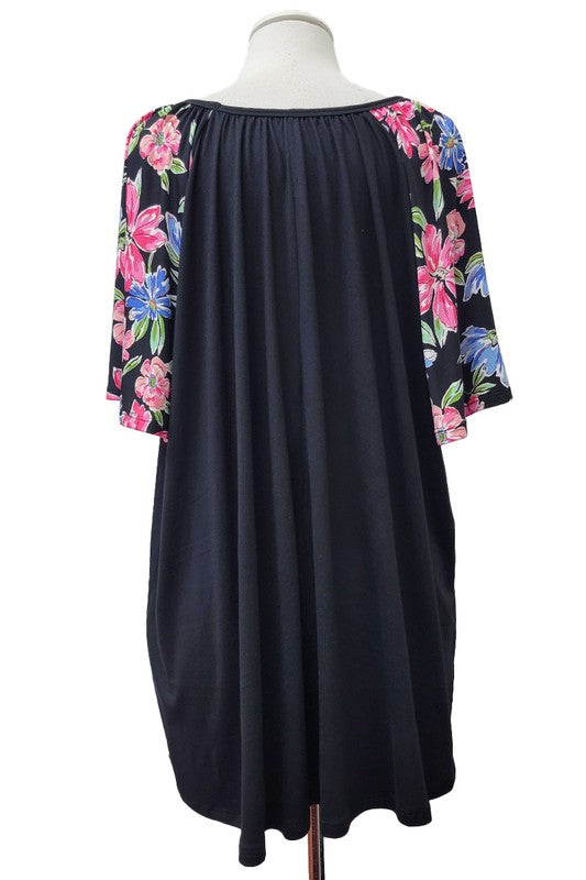100 SD {Black Violet} Black Floral Sleeve Round Neck Tunic EXTENDED PLUS SIZE 4X 5X 6X