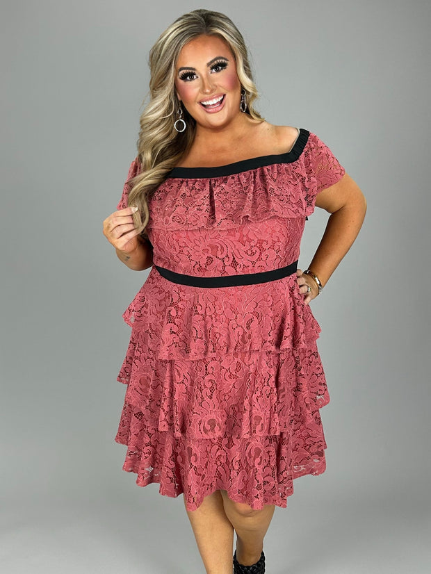 OS-A M-109 {City Chic} Dusty Red Tiered Lace Dress PLUS SIZE