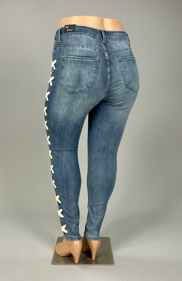 LEG-39 {Vocal Criss Cross} Blue Jeans w/Side Criss Cross PLUS SIZE XL 2X 3X