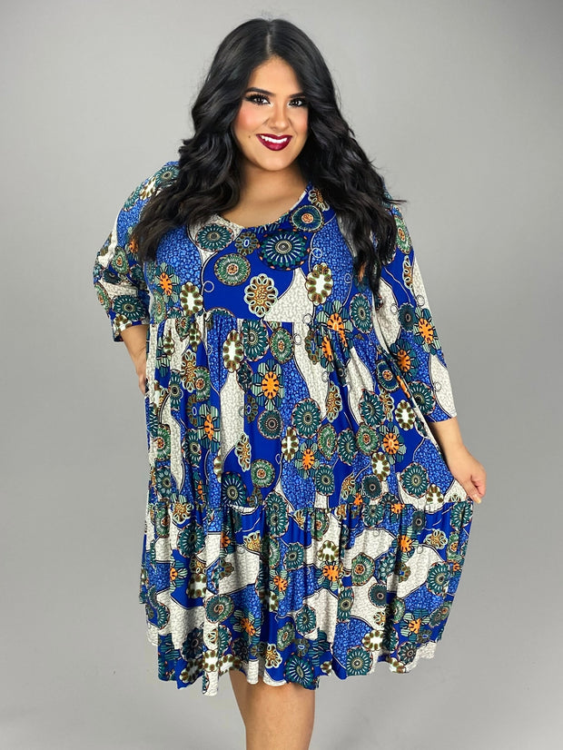 58 PQ {Mandala Perfection} Royal Blue Mandala Print Dress  PLUS SIZE XL 2X 3X