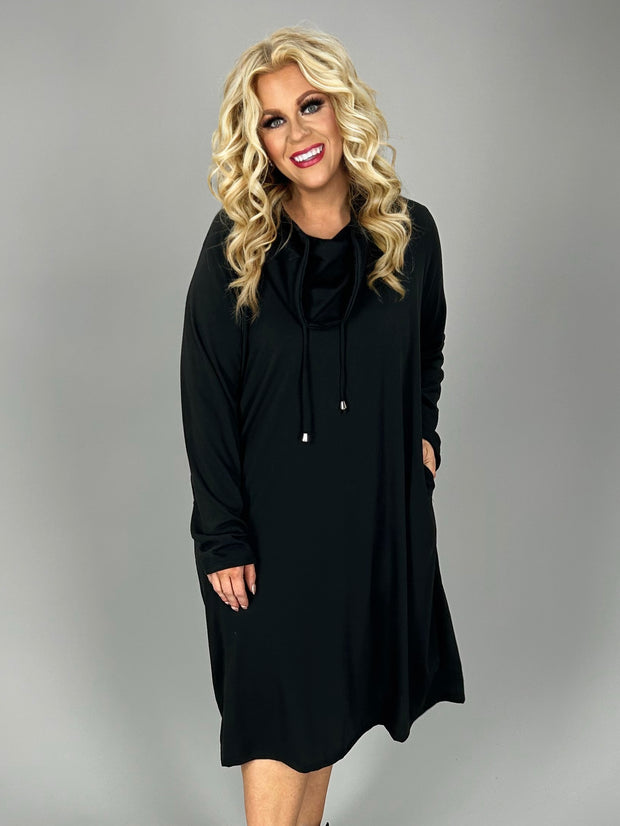 SLS-A {Story Teller}  BLACK Dress with  Drawstring Cowl Neck