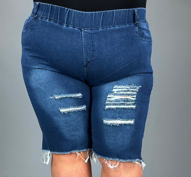 LEG-19 {Made For Me} Blue Denim Distressed Shorts EXTENDED PLUS SIZE 4X/5X  5X/6X