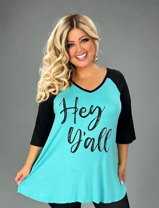 16 GT {Hey Y'all} Teal/Black Graphic Tee  PLUS SIZE XL 2X 3X 4X 5X 6X (May Size Down 1 Size)