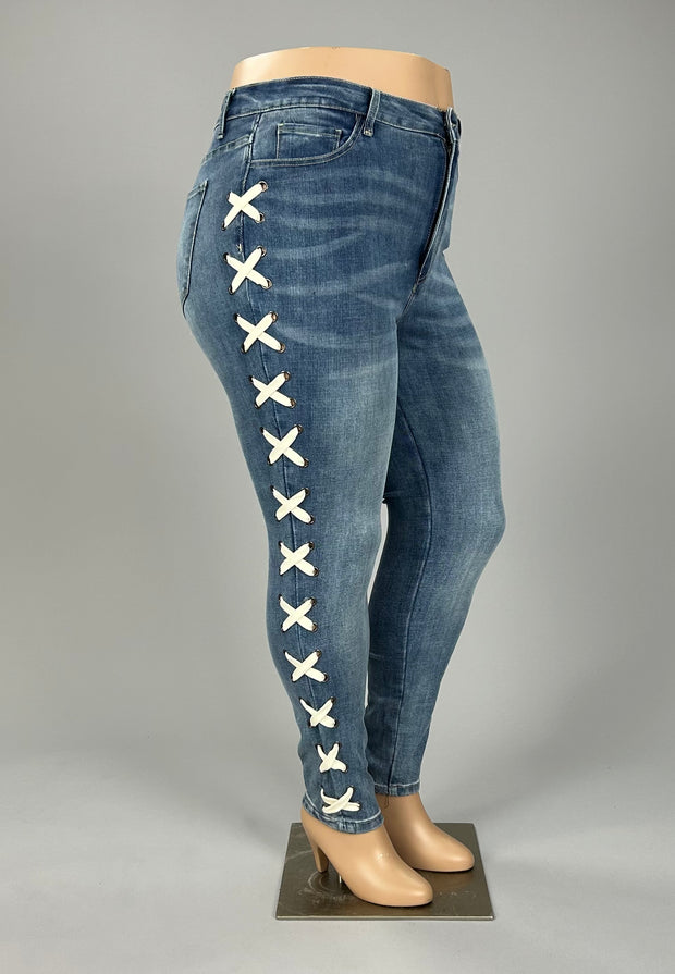 LEG-39 {Vocal Criss Cross} Blue Jeans w/Side Criss Cross PLUS SIZE XL 2X 3X