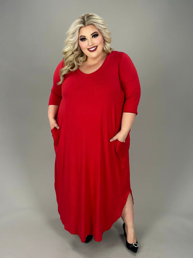 LD-S {Always Reliable} Bright Red V-Neck Maxi Dress w/Pockets  CURVY BRAND!!! PLUS SIZE 1X 2X 3X