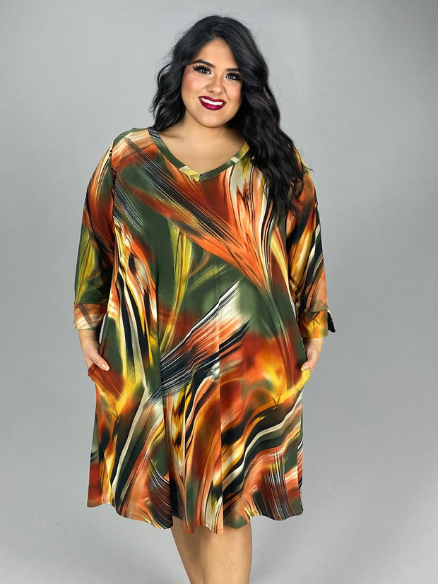 79 PQ-B {Living For This} Rust/Multi Print V-Neck Dress EXTENDED PLUS SIZE 3X 4X 5X