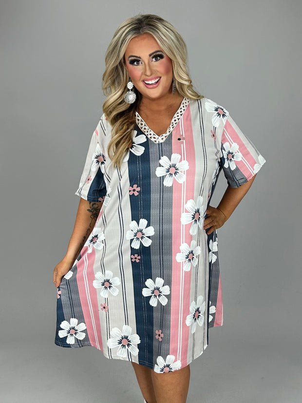 40 PSS {Carefree and Cute} Blue/Pink Floral Stripe Print Dress CW EXTENDED PLUS SIZE 2X 4X