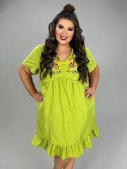33 SD-A {Young At Heart} Lime  Embroidered Dress PLUS SIZE 1X 2X 3X